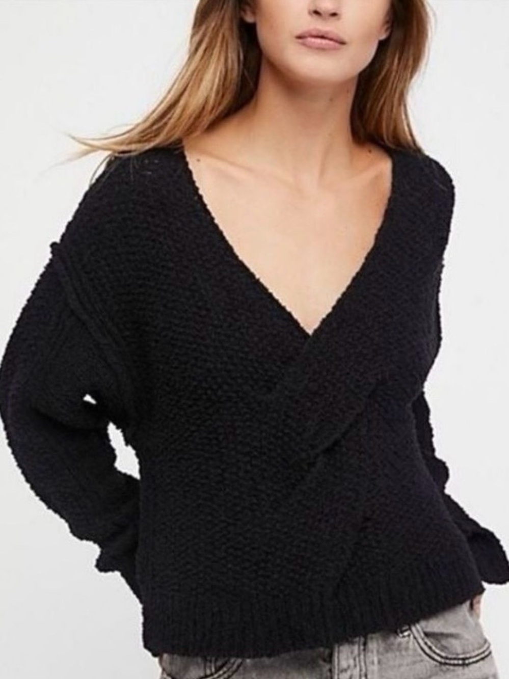 Free People Coco Black V-Neck Front Twist Sweater